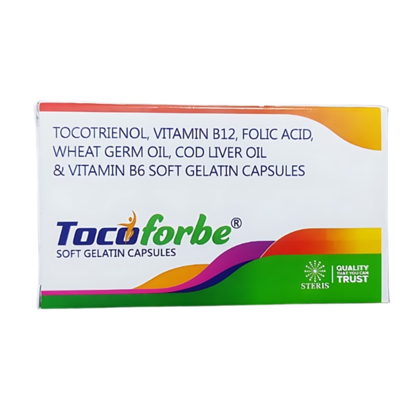TOCOFORBE is a premium health supplement meticulously designed to support overall wellness and vitality. Enriched with a powerful blend of Tocotrienol, Vitamin B12, Folic Acid, Wheat Germ Oil, Cod Liver Oil, and Vitamin B6, these soft gelatin capsules provide essential nutrients that promote cardiovascular health, boost energy levels, enhance brain function, and support skin and hair health.Whether you're looking to improve your energy, maintain heart health, or enhance overall well-being, TOCOFORBE is the perfect choice for a healthier lifestyle. Key Benefits: 1. Promotes Cardiovascular HealthThe combination of Tocotrienol and Omega-3 fatty acids in Cod Liver Oil helps improve cholesterol levels, reduce inflammation, and support heart health.2. Boosts Energy and VitalityVitamin B12 and Folic Acid play a crucial role in energy production and combating fatigue, ensuring you stay active and energized throughout the day.3. Supports Brain and Nervous System HealthVitamin B6 and Vitamin B12 contribute to optimal brain function, memory, and cognitive health.4. Enhances Skin and Hair HealthThe antioxidant properties of Tocotrienol and Wheat Germ Oil help rejuvenate the skin, improve elasticity, and promote healthy hair growth.5. Strengthens Bones and JointsThe Vitamin D in Cod Liver Oil aids calcium absorption, promoting strong bones and reducing joint discomfort.6. Improves Immune FunctionThe essential vitamins and nutrients work together to boost the immune system, keeping infections at bay. How Does It Work? TOCOFORBE capsules work by delivering a synergistic blend of vitamins, antioxidants, and essential fatty acids that address various aspects of health.Tocotrienol and Antioxidants: Protect cells from free radical damage, reducing oxidative stress and slowing down aging processes.B Vitamins: Enhance energy metabolism, support red blood cell production, and maintain neurological health.Omega-3 Fatty Acids: Promote heart and joint health by reducing inflammation and improving lipid profiles.Vitamin D: Enhances calcium absorption for bone health and strengthens the immune system.Regular use ensures a holistic approach to well-being by targeting both physical and mental health. Directions for Use: Take one TOCOFORBE soft gelatin capsule daily, preferably after a meal or as directed by a healthcare professional.Swallow the capsule whole with a glass of water. Side Effects: TOCOFORBE is generally well-tolerated when taken as directed. However, some individuals may experience mild side effects, such as:Upset stomach or nauseaAllergic reactions (in rare cases)Fatigue or headache