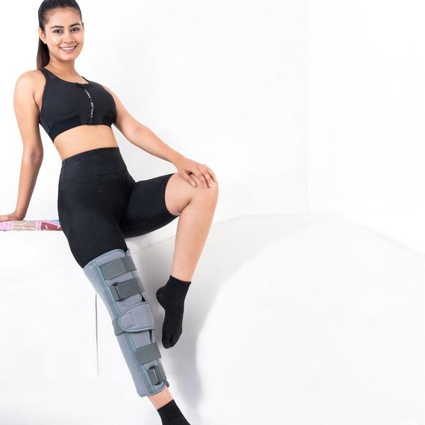Provides complete knee immobilization and empowers your recoverySilent Features-Comfortable to use and fits with either the left or the right legThe product has been designed to be used in situations where full extension of the knee is requiredIt provides 0 extensions or flexion of the knee with stays on both sides and at the back axis of the kneeThe Leg-Lock Long brace is 19 and 22 inches longMade of soft lightweight foam bonded fabric that ensures comfortable cushioning with anti-slip propertiesFour straps for better grip and optimal pressureThe central patellar strap offers extra protection for the knee Aluminum splints at the back and side to improve immobilization post-surgeryHook and loop straps make the knee immobilizer easy to wearBenefits-The Leg-Lock keeps your knee in a straight position, freezing the flexion movement of the leg to recover your kneeSuitable for post-operative recovery, strains, pulls and tears of ligamentsIt provides post-operative support following patellar, tendon or TKR surgeriesRecommended for-patellar fracture patellar dislocation post-surgical immobilization