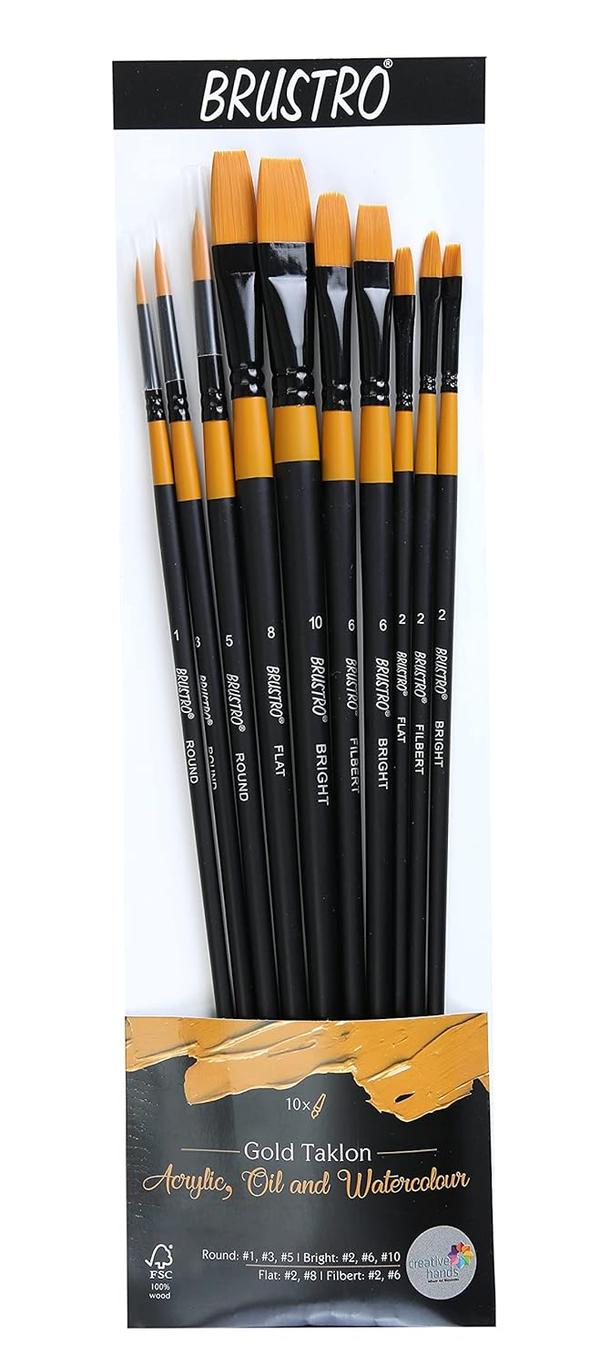Ideal for Acrylics, Oil Paintings, Watercolor | Long Handle, Bright, Filbert, Flat, Round, Professional Art, School, Office Use.Premium Gold Taklon Bristles: Brustro Artists Brushes made from high-quality gold taklon, ensuring smooth application for acrylic, oil, and watercolor paints.Versatile Set of 10 Brushes: Includes a variety of shapes: bright, filbert, flat, and round, offering flexibility for different painting techniques.Long Handle Design: Ergonomically designed long handles provide superior control and comfort during extended painting sessions.Durable and Professional: Perfect for professional artists, hobbyists, and students, delivering precise strokes and consistent results.Multi-Surface Use: Suitable for canvas, paper, wood, and fabric, making them ideal for both fine art and craft projects.Easy to Clean: Synthetic bristles resist wear and tear, are easy to clean, and maintain their shape after multiple uses.