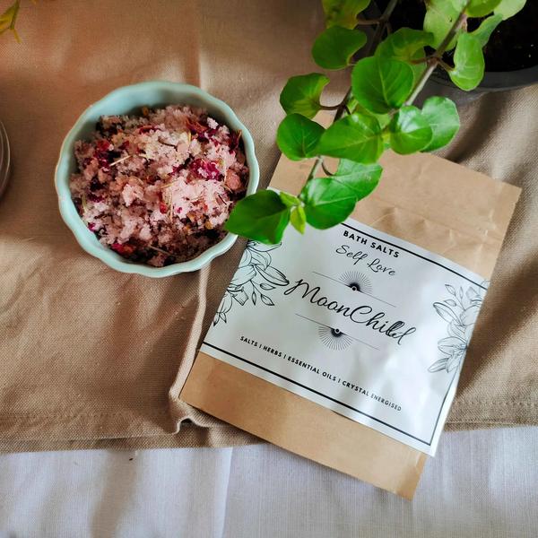 The use of this bath salts helps in appreciating oneself and your inner well being. It helps in making way for new beginnings. This unique blend of Epsom salt, Himalayan pink salt, essential oils and rare herbs make this ‘Self Love Bath Salt’ rich in efficacy and quality.Pamper yourself, cause you deserve it.Add 2 spoons of it in your bucket or bath tub and enjoy a vibrational bath with it. Avoid head wash, and max usage is twice a week. You can also use it as a foot soak.Simply add two spoons in bucket of luke warm water. Soak your feet into it.Make sure to refrain from using technology.WEIGHTS AVAILABLE:-100 GM200 GMBOTTLE