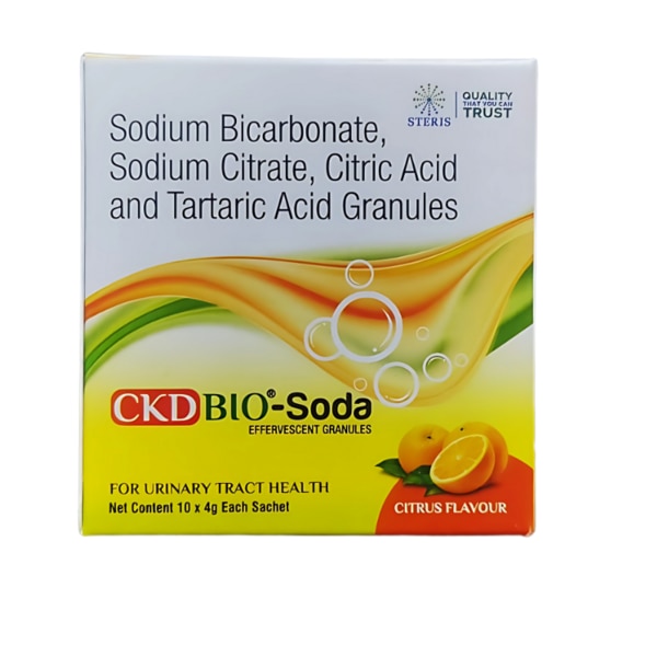 CKD BIO SODA is a scientifically formulated granule blend that provides an effective solution for maintaining the body's acid-base balance and overall well-being. Designed with precision, it contains Sodium Bicarbonate, Sodium Citrate, Citric Acid, and Tartaric Acid Granules, which work synergistically to neutralize excess acidity and support optimal physiological functions. CKD BIO SODA is an essential product for individuals who require a balanced approach to managing their body’s pH levels due to specific health conditions or dietary needs. Acidity and imbalances in the body’s pH levels can lead to discomfort and health issues. CKD BIO SODA offers a reliable solution to help manage these concerns. With its carefully chosen ingredients, this formulation not only alleviates acidity but also supports kidney health, promotes digestion, and enhances overall metabolic function. Whether you are addressing a specific condition or looking for preventative care, CKD BIO SODA is an effective choice to restore balance and comfort. Key Benefits: Acidity NeutralizationCKD BIO SODA effectively neutralizes excess stomach acid, providing quick relief from heartburn, indigestion, and acidity-related discomfort.Supports Kidney HealthIts alkalizing properties help prevent the formation of kidney stones by reducing the acidity of urine.Digestive SupportThe combination of citric acid and sodium bicarbonate aids in digestion and improves nutrient absorption.Effervescent FormulaThe effervescence enhances the product’s action, ensuring faster absorption and quicker relief from symptoms.pH Balance MaintenanceBy regulating the acid-base balance in the body, CKD BIO SODA promotes overall metabolic health and prevents complications related to acidosis. How Does It Work? CKD BIO SODA works through its active ingredients, each of which plays a vital role:Neutralizing AcidityThe sodium bicarbonate reacts with stomach acid to produce water and carbon dioxide, effectively neutralizing acidity and alleviating discomfort.Alkalizing UrineSodium citrate reduces the acidity of urine, creating an environment that prevents the formation of kidney stones and supports renal health.Effervescent ActionThe combination of citric acid and tartaric acid granules reacts with sodium bicarbonate to release carbon dioxide, producing an effervescent effect that enhances absorption and efficacy.pH RegulationThe overall formulation works to maintain the body’s pH levels within an optimal range, preventing issues caused by excess acidity. Directions for Use: Dissolve the recommended dosage of CKD BIO SODA granules in a glass of water (200 ml).Stir well until completely dissolved.Consume the solution immediately.Follow the dosage as prescribed by your healthcare provider or as indicated on the product label. Side Effects: CKD BIO SODA is generally well-tolerated when used as directed. However, some individuals may experience:Mild bloating or gas due to the release of carbon dioxide.Nausea or upset stomach if taken on an empty stomach.Electrolyte imbalance with prolonged or excessive use.Allergic reactions, such as skin rash or itching, though rare.