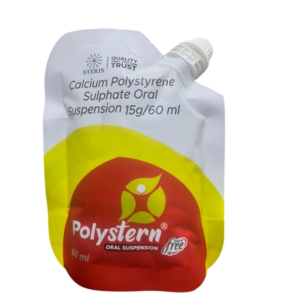 POLYSTERN Oral Suspension is an effective medication designed to treat elevated potassium levels in the blood, a condition known as hyperkalemia. This oral suspension contains Calcium Polystyrene Sulphate, a key ingredient that helps in the removal of excess potassium from the body. POLYSTERN provides a safe and convenient way to manage hyperkalemia, helping to protect the heart and other organs from the harmful effects of high potassium levels. It is often prescribed to patients who are experiencing kidney dysfunction or taking medications that may raise potassium levels. Key Benefits: Effective Treatment of HyperkalemiaPOLYSTERN is primarily used to reduce high potassium levels in the blood, which can cause serious health issues like heart arrhythmias, muscle weakness, and even cardiac arrest.Safe for Long-Term UseThe calcium form of Polystyrene Sulphate in POLYSTERN offers a safer alternative for long-term use compared to sodium-based potassium-binding resins, which can increase sodium levels in the body.Supports Kidney FunctionPOLYSTERN is particularly useful for patients with kidney problems, as it helps lower potassium levels in individuals whose kidneys may not be able to excrete enough potassium on their own.Convenient Dosage FormPOLYSTERN comes in an easy-to-administer oral suspension, making it suitable for both adults and children who may have difficulty swallowing tablets or capsules.Non-InvasiveAs an oral suspension, it offers a non-invasive treatment option for managing hyperkalemia, unlike other treatments that may require intravenous administration. How Does It Work? POLYSTERN works by utilizing Calcium Polystyrene Sulphate to absorb excess potassium in the gastrointestinal tract. Once ingested, the resin binds to potassium ions and forms an insoluble complex that cannot be absorbed into the bloodstream. This complex is then eliminated from the body through bowel movements, effectively reducing the potassium levels in the blood. By lowering the potassium concentration in the bloodstream, POLYSTERN helps prevent complications related to hyperkalemia, such as heart arrhythmias, and supports the body’s overall electrolyte balance. Directions for Use: Dosage: The typical dose of POLYSTERN Oral Suspension is 15g per 60ml, but the exact dosage will depend on the severity of the hyperkalemia and the patient’s overall health condition.Administration: Shake the bottle well before use. The suspension can be taken directly by mouth or mixed with a small amount of water or juice if preferred.Frequency: POLYSTERN is generally taken one to three times a day, depending on the doctor’s instructions and the severity of potassium elevation. It is important to follow the prescribed dosage and schedule carefully.Consultation: Always consult with a healthcare professional before starting POLYSTERN, particularly for individuals with kidney or heart problems, or for those taking medications that might interact with the suspension. Side Effects: While POLYSTERN is generally well-tolerated, some individuals may experience side effects. Common side effects may include:Gastrointestinal Issues:ConstipationNausea or vomitingAbdominal discomfort or bloatingElectrolyte Imbalances:Although POLYSTERN is designed to remove potassium, it may also affect other electrolytes like calcium and sodium. This can lead to issues such as hypocalcemia (low calcium levels), particularly if used for prolonged periods. Regular monitoring of electrolyte levels is recommended.Diarrhea:Some patients may experience mild diarrhea, especially if they have a sensitivity to the resin.Allergic Reactions:Rarely, some people may have an allergic reaction to the components in POLYSTERN, which can result in symptoms like rash, itching, or swelling. If any signs of an allergic reaction appear, seek medical attention immediately.Dehydration:Due to the changes in electrolyte balance, dehydration may occur, so it is essential to stay adequately hydrated while using this medication.