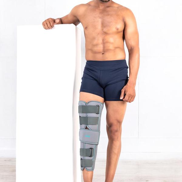 Provides complete knee immobilization and empowers your recoverySilent Features-Comfortable to use and fits with either the left or the right legThe product has been designed to be used in situations where full extension of the knee is requiredIt provides 0 extensions or flexion of the knee with stays on both sides and at the back axis of the kneeThe Leg-Lock Long brace is 19 and 22 inches longMade of soft lightweight foam bonded fabric that ensures comfortable cushioning with anti-slip propertiesFour straps for better grip and optimal pressureThe central patellar strap offers extra protection for the knee Aluminum splints at the back and side to improve immobilization post-surgeryHook and loop straps make the knee immobilizer easy to wearBenefits-The Leg-Lock keeps your knee in a straight position, freezing the flexion movement of the leg to recover your kneeSuitable for post-operative recovery, strains, pulls and tears of ligamentsIt provides post-operative support following patellar, tendon or TKR surgeriesRecommended for-patellar fracture patellar dislocation post-surgical immobilization