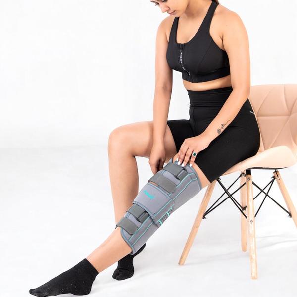 Provides partial knee immobilization and empowers your recoverySilent Features-Comfortable to use and fits with either the left or the right legThe product has been designed to be used in situations where full extension of the knee is requiredIt provides 0 extensions or flexion of the knee with stays on both sides and at the back axis of the kneeThe Leg-Lock Short brace is 14 inches longMade of soft lightweight foam bonded fabric that ensures comfortable cushioning with anti-slip propertiesFour straps for better grip and optimal pressureThe central patellar strap offers extra protection for the knee Aluminum splints at the back and side to improve immobilization post-surgeryHook and loop straps make the knee immobilizer easy to wearBenefits-The Leg-Lock keeps your knee in a straight position, freezing the flexion movement of the leg to recover your kneeSuitable for post-operative recovery, strains, pulls and tears of ligamentsIt provides post-operative support following patellar, tendon or TKR surgeriesRecommended for-patellar fracture patellar dislocation post-surgical immobilization