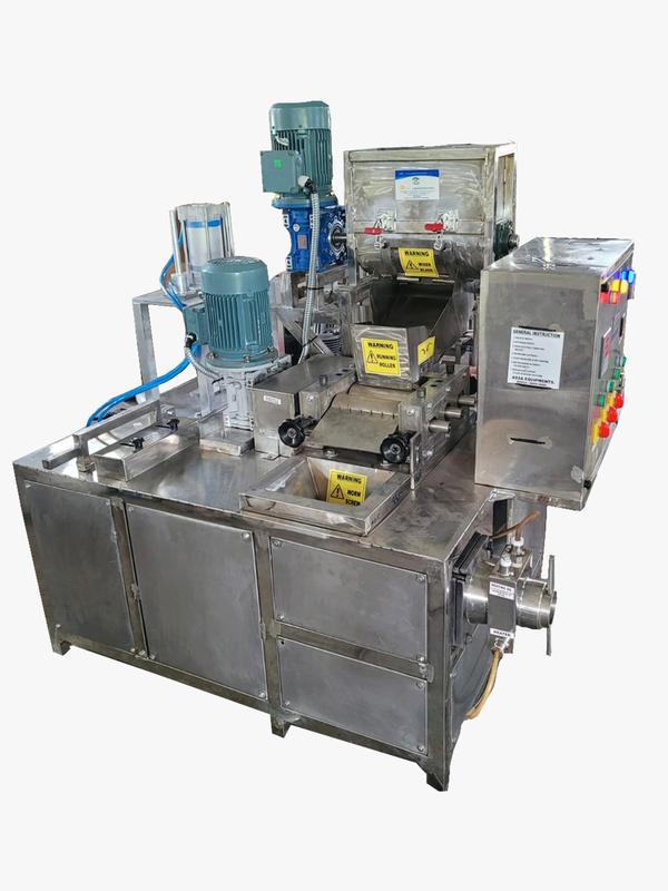 small soap machine with capacity of 800 soap bar/100gm per day production capacity. 5kg batch capacity. with milling machine. can run in single or 3 phase motors. pneumatic soap stamper with single cavity stamping die made by s.s-304.  contact parts made by s.s-304. total power load: 2+ 1 +2+ 1hp =6 hp. 