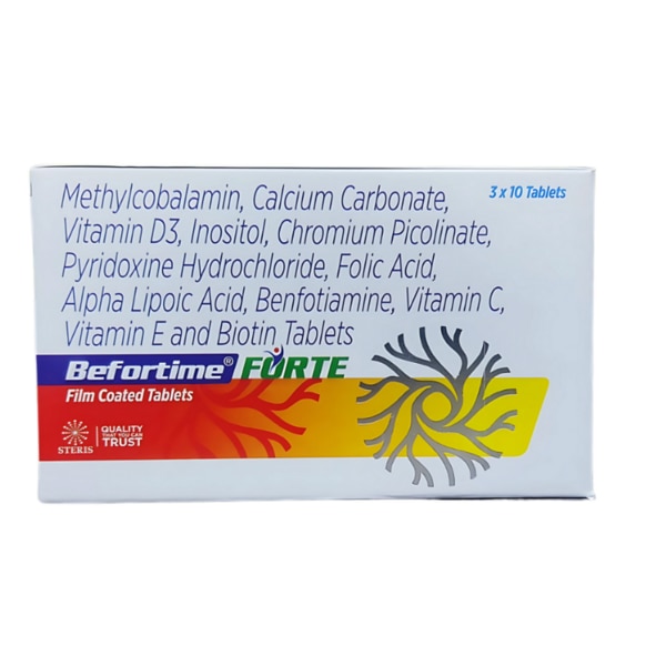 BEFORTIME FORTE is a premium nutritional supplement formulated to support overall health and well-being. This powerful combination of vitamins, minerals, and antioxidants is designed to promote energy production, boost immunity, and provide essential nutrients for optimal bodily functions. The blend of ingredients in BEFORTIME FORTE is particularly beneficial for maintaining healthy metabolism, nerve function, and cognitive health, making it an ideal choice for individuals looking to enhance their vitality and overall health. Key Benefits: Supports Nerve Health: The combination of Methylcobalamin, Benfotiamine, and Pyridoxine Hydrochloride helps maintain healthy nerve function, reducing the risk of neuropathy and supporting cognitive function.Bone & Immune Health: With Calcium Carbonate and Vitamin D3, BEFORTIME FORTE promotes strong bones and teeth while boosting the immune system to fight off infections.Metabolic Support: Chromium Picolinate, Inositol, and Alpha Lipoic Acid work together to support healthy metabolic function, including balanced blood sugar levels and energy production.Antioxidant Protection: The powerful antioxidants, including Vitamin C, Vitamin E, and Alpha Lipoic Acid, help protect cells from oxidative damage, supporting overall health and vitality.Skin, Hair & Nail Health: Biotin, along with Vitamin C and E, helps support healthy skin, hair, and nails, promoting beauty from the inside out.Pregnancy Support: Folic Acid is crucial for fetal development, supporting healthy growth and development during pregnancy. How Does It Work? BEFORTIME FORTE works through a combination of essential vitamins, minerals, and antioxidants that work synergistically to support multiple body systems. The Methylcobalamin (Vitamin B12) and Benfotiamine improve nerve health and protect against neurological damage, while Calcium Carbonate and Vitamin D3 work together to maintain bone strength. The metabolic-boosting combination of Inositol, Chromium Picolinate, and Alpha Lipoic Acid helps maintain balanced blood sugar and supports energy production at the cellular level. The antioxidant-rich formulation helps combat free radicals, protect cells, and improve overall skin, hair, and immune health. Additionally, the inclusion of Folic Acid makes this supplement ideal for women during pregnancy, ensuring healthy fetal development. Directions for Use: Recommended Dosage: Take one tablet of BEFORTIME FORTE once daily or as directed by your healthcare professional.Best Taken With: It is advisable to take the tablet with a glass of water, preferably after a meal to aid absorption.Storage: Store in a cool, dry place, away from direct sunlight. Keep out of reach of children. Side Effects: BEFORTIME FORTE is generally well-tolerated when taken as recommended. However, some individuals may experience mild side effects, including:Gastrointestinal Discomfort: Some users may experience bloating, nausea, or upset stomach.Allergic Reactions: Rare allergic reactions may occur, characterized by symptoms like rash, itching, or swelling. If any of these occur, discontinue use and consult a healthcare professional.Headache or Dizziness: Occasionally, users may report mild headaches or dizziness.