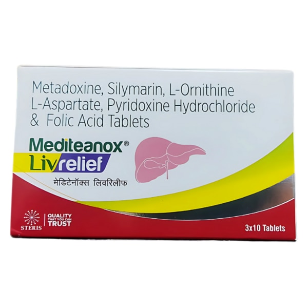 MEDITEANOX LIVERELIEF is a comprehensive supplement designed to support liver health and promote detoxification. It combines a potent blend of natural ingredients and vitamins to provide effective relief from liver-related issues, help restore liver function, and protect it from harmful toxins. This formula is ideal for individuals suffering from liver damage, fatty liver disease, or those who need to support their liver health due to poor diet, alcohol consumption, or medications that affect liver function. Key Benefits: Supports Liver Function: The combination of metadoxine, silymarin, and L-Ornithine L-Aspartate helps enhance liver function, promote detoxification, and reduce the liver’s exposure to harmful toxins.Prevents Liver Damage: Silymarin acts as a powerful antioxidant to prevent oxidative damage to liver cells, thereby supporting liver regeneration and improving its overall health.Reduces Fatty Liver Symptoms: The ingredients in MEDITEANOX LIVERELIEF assist in managing and reducing symptoms related to fatty liver disease, thereby promoting a healthier liver.Improves Metabolism: Pyridoxine Hydrochloride and Folic Acid play an essential role in liver metabolism, contributing to better digestion and overall metabolic balance.Supports Detoxification: Helps in eliminating toxins from the body, making it ideal for individuals who consume alcohol or are exposed to environmental pollutants. How Does It Work? MEDITEANOX LIVERELIEF works by combining several ingredients that target different aspects of liver health. Metadoxine accelerates the clearance of alcohol and other toxins, while silymarin helps regenerate liver cells and protect against oxidative damage. L-Ornithine L-Aspartate reduces harmful ammonia levels, supporting overall liver detoxification. Pyridoxine and Folic Acid work together to enhance liver enzyme functions, support metabolism, and promote the production of healthy red blood cells. Together, these ingredients help the liver detoxify, regenerate, and function more efficiently, ensuring long-term liver health. Directions for Use: Dosage: Take 1 tablet of MEDITEANOX LIVERELIEF two to three times daily, preferably after meals or as directed by a healthcare professional.For optimal results, continue usage for at least 4-6 weeks, or as prescribed.Storage: Store in a cool, dry place, away from direct sunlight and out of reach of children. Side Effects: MEDITEANOX LIVERELIEF is generally safe when used as directed. However, some individuals may experience mild side effects, including:Upset stomach or mild gastrointestinal discomfortNausea or vomiting (rare)Allergic reactions (in rare cases, such as rashes or itching)