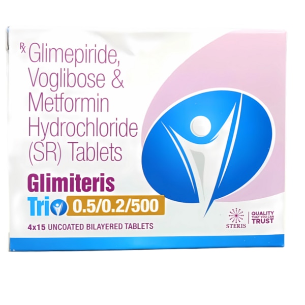 Diabetes management often requires a multifaceted approach to address the complexities of glucose regulation. Glimiteris Trio 0.5/0.2/500 offers a synergistic combination of three proven antidiabetic agents. This tablet not only targets fasting and postprandial blood glucose but also improves the body’s insulin utilization, ensuring better glycemic control and reducing the risk of complications associated with diabetes. Key Benefits:Effective Blood Sugar Management: Works on multiple pathways to control both fasting and postprandial blood glucose levels.Reduces Insulin Resistance: Enhances the body's response to insulin, improving its efficacy.Minimizes Post-Meal Glucose Spikes: Voglibose slows carbohydrate digestion and absorption, keeping postprandial glucose in check.Improves Long-Term Glycemic Control: Helps in achieving and maintaining stable HbA1c levels.Sustained Release Formula: Metformin’s SR formulation ensures prolonged action, reducing the need for frequent dosing.Comprehensive Diabetes Management: Prevents complications like neuropathy, retinopathy, and cardiovascular issues associated with diabetes.How Does It Work?Glimepiride: Stimulates the pancreas to release insulin, directly lowering blood glucose levels.Voglibose: Inhibits enzymes that break down carbohydrates into glucose, thereby delaying glucose absorption and controlling post-meal spikes.Metformin Hydrochloride SR: Decreases hepatic glucose production, enhances peripheral glucose uptake, and improves insulin sensitivity, ensuring balanced glucose levels throughout the day.Together, these three ingredients address the multifaceted nature of type 2 diabetes, providing a holistic solution for effective blood sugar control.Directions for Use:Dosage: Take one tablet as prescribed by your healthcare professional, usually once or twice daily with meals.Swallow Whole: Do not crush or chew the tablet; it is designed for sustained release.Timing: Preferably consume with a meal to reduce gastrointestinal discomfort and optimize efficacy.Follow Medical Advice: Stick to the prescribed dosage and schedule for optimal results.Always consult your doctor before starting or adjusting your dosage.Side Effects:While Glimiteris Trio 0.5/0.2/500 is generally well-tolerated, some individuals may experience side effects, including:Common Side Effects:Nausea, vomiting, or diarrheaStomach discomfort or flatulenceMild hypoglycemia (low blood sugar levels)Rare but Serious Side Effects:Severe hypoglycemiaLactic acidosis (from Metformin)Allergic reactions such as rash or itching