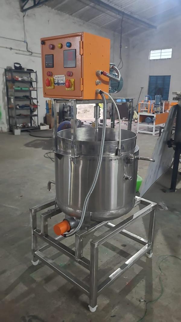 its used in making soap base, shampoo, lotion, ointment, gel, handwashliquid, dishwashliquid, transparentsoap. all parts made by stainless steel-304. melting the base or making soap base. temperature can be controlled. mixing by motorized stirrer with speed control. double jacketed for steam or thermic fluid heating.  single or 3 phase heater attached. 
