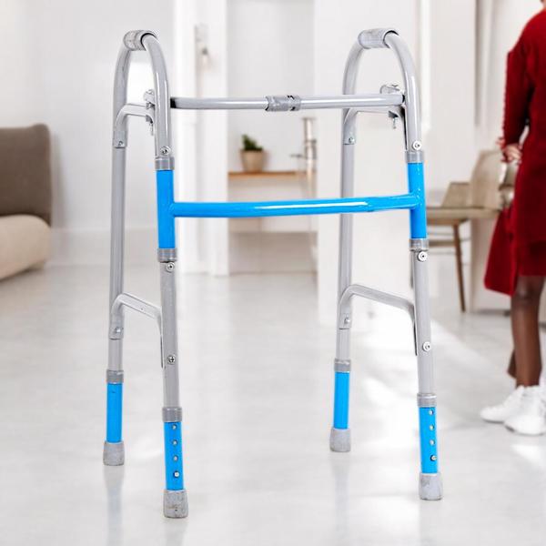 WALKER DOUBLE-BARMade of sturdy, stable, and safe materialAdjustable height according to patient comfortSimply push button the adjustment heightPortable and Lightweight walking frame is suitable for indoor and outdoor use Excellent folding mechanism for easy storage and transportationSafe & Easy to UseWeight bearing capacity- up to 90 kg.• FOLDING : An adult walker that easily folds for transportation. Simply press on the two buttons and the walker folds up nicely. Walker is very sturdy, stable, and safe.• HEIGHT ADJUSTABLE: A walker for seniors that is height adjustable. Marked peg holes allow the walker to be adjusted from 75-86 cm in height. Simply push the adjustment buttons in and slide the walker tubes up or down.• PORTABLE: Walker is easy to transport in a car. Lightweight walking frame is suitable for indoor and outdoor use. Excellent folding mechanism for easy storage and transportation.• Premium Features: Our bariatric walker features an improved cross frame that allows the user to bring the walker closer for increased assistance when standing• Safe & Easy to Use: The unique U-shaped design of our medical walker creates greater clearance