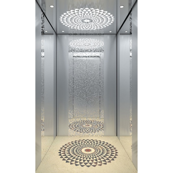 The Silver Designer Elevator Cabin exudes contemporary elegance with its sleek silver finish and intricate design details. Perfect for modern spaces, it combines durability with aesthetics to create a luxurious and inviting elevator interior.