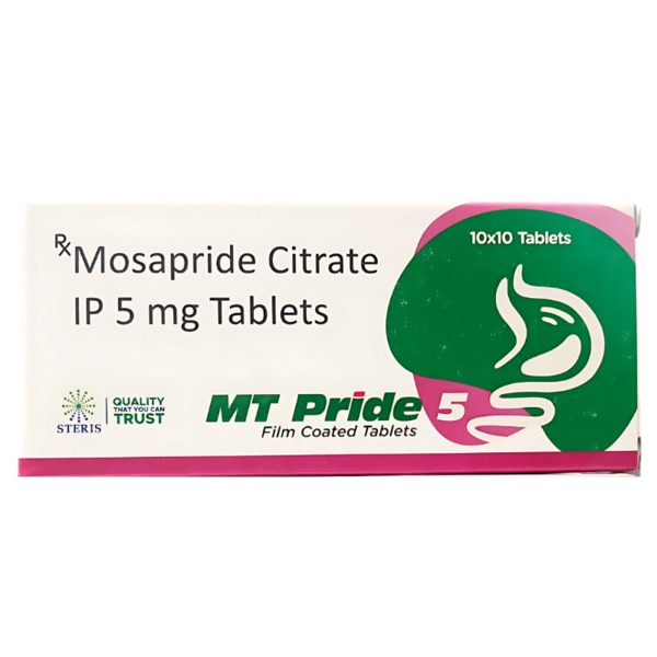 MT PRIDE 5 is a highly effective medication containing Mosapride Citrate 5mg, designed to improve gastrointestinal motility and alleviate digestive discomfort. It is widely used for conditions such as gastroesophageal reflux disease (GERD), functional dyspepsia, and delayed gastric emptying. Its advanced formulation ensures targeted relief, helping you enjoy a healthier and more comfortable digestive system. Key Benefits: Enhanced Digestion: Promotes smoother and faster movement of food through the digestive tract.Relieves Discomfort: Alleviates bloating, nausea, and indigestion, improving overall gut health.Supports GERD Management: Reduces acid reflux and associated symptoms, like heartburn and regurgitation.Improves Nutrient Absorption: Ensures that your body absorbs nutrients effectively by accelerating gastric emptying.Safe for Sensitive Stomachs: The gentle formulation makes it suitable for people with various gastrointestinal sensitivities. How Does It Work? Mosapride Citrate in MT PRIDE 5 works by activating 5-HT4 serotonin receptors in the gastrointestinal tract. This action enhances the release of acetylcholine, a neurotransmitter that stimulates smooth muscle contractions in the stomach and intestines. By improving gastric motility, it helps alleviate symptoms of delayed gastric emptying, acid reflux, and bloating. Directions for Use: Dosage: Take one tablet (5mg) 2-3 times daily, or as directed by your physician.Timing: Preferably take before meals for optimal results.With Water: Swallow the tablet whole with a glass of water.Follow Prescription: Always adhere to the prescribed dosage and duration for best outcomes.Note: Do not self-medicate or alter the dose without consulting your doctor.Side Effects: While MT PRIDE 5 is generally well-tolerated, some individuals may experience mild side effects, including:NauseaDiarrheaAbdominal discomfortDizzinessHeadacheIf you notice severe side effects such as allergic reactions, persistent diarrhea, or changes in bowel habits, consult your healthcare provider immediately.