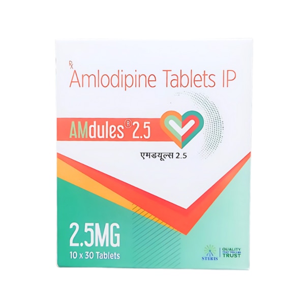 AMdules 2.5, containing Amlodipine (2.5mg), is a trusted solution for managing high blood pressure and certain heart conditions. This prescription medication belongs to the calcium channel blocker class and works effectively to relax blood vessels, improve blood flow, and reduce the workload on the heart. Designed for precision in dosage and effectiveness, AMdules 2.5 helps patients achieve better cardiovascular health while minimizing risks associated with hypertension and angina. Key Benefits: Blood Pressure Management: Effectively lowers high blood pressure (hypertension), reducing strain on the heart and blood vessels.Angina Relief: Helps alleviate chest pain caused by reduced blood flow to the heart.Improved Blood Flow: Promotes smoother blood circulation by relaxing blood vessels.Heart Health: Reduces the risk of cardiovascular complications, including heart attack and stroke.Well-Tolerated Dosage: The 2.5mg dose is ideal for patients requiring mild yet effective intervention. How Does It Work? AMdules 2.5 works by inhibiting calcium ions from entering the smooth muscle cells of the heart and blood vessels. This action relaxes and widens the blood vessels, leading to:Lower blood pressure: Reducing the heart's workload.Increased oxygen delivery: Improving blood flow to the heart and relieving chest pain in angina patients.This dual action ensures effective control over hypertension and angina symptoms, supporting long-term cardiovascular health. Directions for Use: Dosage: Take AMdules 2.5 exactly as prescribed by your healthcare provider.Administration: Swallow the tablet with water, preferably at the same time each day.With or Without Food: It can be taken with or without meals.Avoid Abrupt Discontinuation: Do not stop taking the medication without consulting your doctor, as this may worsen your condition. Side Effects: While AMdules 2.5 is generally well-tolerated, some individuals may experience mild side effects such as:Dizziness or lightheadednessSwelling in the ankles or feet (edema)FatigueHeadacheNauseaIf side effects persist or become severe, consult your healthcare provider immediately.