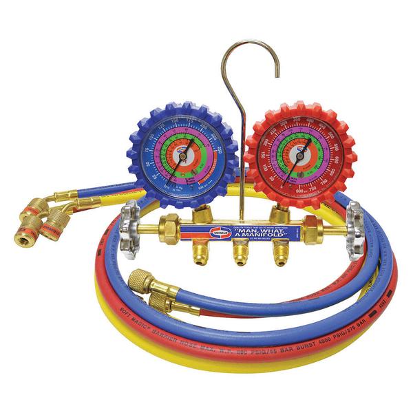 Mechanical Manifold Gauge Set, Number of Valves 2, R-22, R-404A, R-410A, Number of Hoses 3, 60 in, 0 to 800 psi, 0 to 500 psi, +/-3-2-3 Percent, 1/4 in, Forged Brass, Easy Access Front Hose Holders, Resettable Valve Stem Packing for Long Reliable Service, Includes 5 ft Hose Set