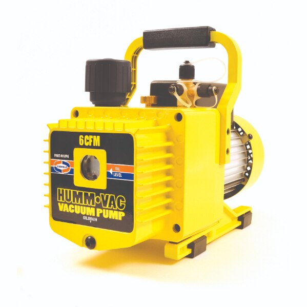 Uniweld HVP6 HUMM•VAC vacuum pump removes moisture and dehydrates a system quickly and efficiently. The HVP6 model operates at 6 CFM, has an oil capacity of 1 quart (946 ml), and a micron rating of 15. All HUMM•VAC models include the following: non-slip rubber hand grip, dual voltage power box (110/220), slant back center balanced handle, powerful low decibel fan cooled motor, heat dispersing motor and reservoir fins, sure grip rubber foot pads, low profile easy access oil drain, beveled reservoir pan for complete oil drainage, large sight glass for easy oil monitoring, oil fill port, exhaust dome, and 3 way intake fitting (1/4