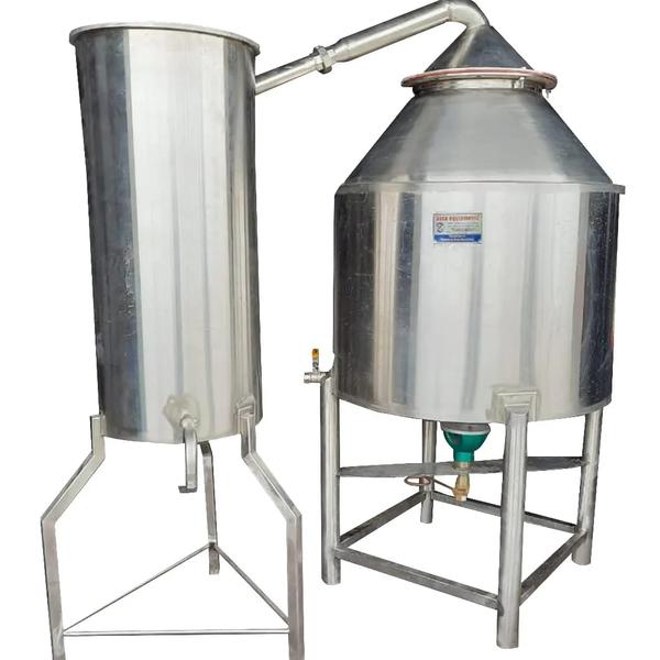 for extracting essence like ark or hydrosol or essential oils from herbals, flowers. all parts made by stainless steel-304 grade. LPG model. electrical model and fire wood models available. 50lit, 100lit, 200lit, 300lit and 500lit capacity models available. 