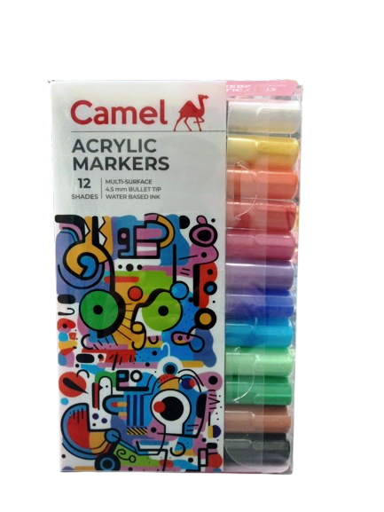 CAMEL ACRYLIC MARKAR SHADES OF 12Acrylic Marker Set of 12 Vibrant ColoursSuitable for both external and internal use and can be applied on a variety of surfaces like paper, stones, canvas, glass, plastic, wood, walls, porcelain etc.Water-resistant, UV resistant, abrasion-proof, lightfast and non toxic. Store the markers horizontally for optimum user experience. Put the lid back on after use. Must be shaken well before use.Suitable for both external and internal use and can be applied on a variety of surfaces like paper, stones, canvas, glass, plastic, wood, walls, porcelain etc.The range offers medium round tip markers with 2mm bullet tips making them easy to control and gives artists a smooth flow with great coverage.