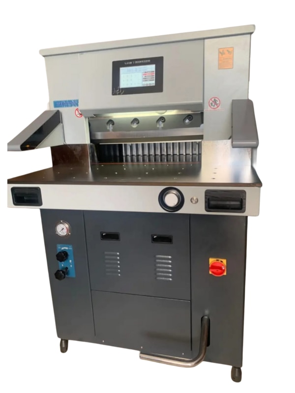 FeaturesGood Quality touch screenInfrared grating safeMechanical foot PedalFront and back plate with air ballDouble guide device: the paper pusher adopts imported double linear guide and roller ball screw , which can prolong the machine use life , and can bear the high speed paper deliveringWhole heavy chasis make machine durableHeavy duty design with thick steel plate.Heavy duty casting bodyMechanical hydraulic systemHeavy duty knife holderSpecificationMax Cut Size : 530mmMin Cut Size : 45mmMax Cut Height : 80mmCutting Precision : ±0.3mmMode of Clamp : Hydraulic MechanicalMode of Cutting : HydraulicMode of Pushing : Motor pushingProgram : Program control(100*7 programs)Display : 7 inchesPower : AC 220V ±10% , 50HzGross Weight :550 Kg