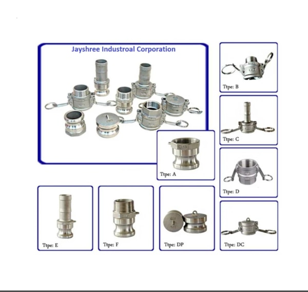 CamLock Coupling Manufacturer in AhmedabadCamLock Coupling Manufacturer in GandhinagarCamLock Coupling Manufacturer in GUJARATCamLock Coupling Manufacturer in INDIAProduct Details:Product Details:Material	Stainless SteelUsage/Application	agriculture, oil, gas, chemical, pharmaceuticalsSize	1 inchCustomisation	CustomisedI Deal In	New OnlyCountry of Origin	Made in IndiaCamlock coupling typesFigure 4: The different types of Camlock couplingsCamlock couplings are identified by their type designations, which are listed below while the image shows a visual reference for the various coupling types.Type A:Plug with Female ThreadType B: Coupler with Male ThreadType B-AS: Coupler with weld endType C: Coupler with Hose TailType D: Coupler with Female ThreadType E: Plug with Hose TailType F: Plug with Male ThreadType F-AS: plugs with weld connectionType DC: Dust Cap for plugsType DP: Dust Plug for CouplersType DA: Female coupler with male adapter