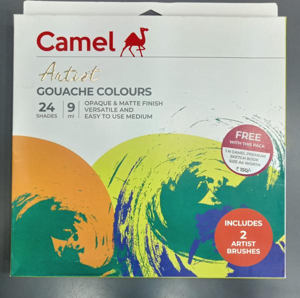 Camel Artist Gouache Colors 24 Shades 9 MLA great new-age range of colors. For Students, Adults, Beginners, Professionals and Artists. Suitable for artists of all skill levels. These are Highly pigmented , Bright opaque colours, Superior matte velvet finish, Strong coverage power, Intermixable, Lightfast, Easy to apply and wash Being water based, they dry quickly and can also be rewetted easily when required. Great for mixed media work, mixes well with colour pencils, inks and acrylics. Being opaque one can paint from dark to light with good coverage over already painted areas without lifting the underlying paints. Works best on paper, boards, wood and primed canvasses. Ideal for professional artists, graphic designers, illustrators and fine art students.