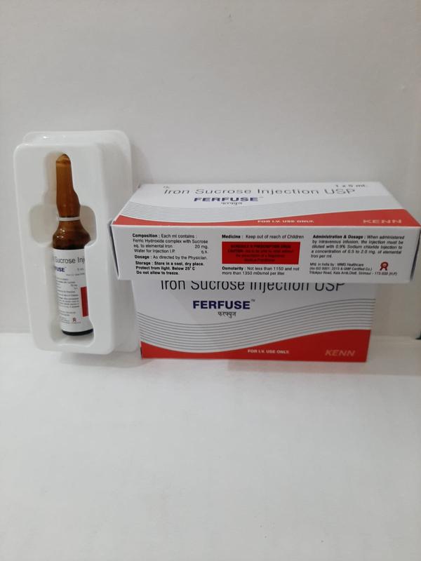 What is Ferfuse 5ml?Ferfuse 5ml Injection is a medicine that is used for the treatment of Iron Deficiency Anemia and other conditions.Ferfuse 5ml Injection contains Iron Sucrose as an active ingredient.Ferfuse 5ml Injection works by increasing ferritin production.Detailed information related to Iron Sucrose Injection’s uses, composition, dosage, side effects and reviews is listed below.Ferfuse 5ml Injection UsesFerfuse 5ml Injection is used for the treatment, control, prevention, & improvement of the following diseases, conditions and symptoms:Iron Deficiency AnemiaFerfuse 5ml Injection Working, Mechanism of Action and PharmacologyFerfuse 5ml Injection improves the patient’s condition by performing the following functions:Increasing ferritin production.Ferfuse 5ml Injection – Composition and Active IngredientsFerfuse 5ml Injection is composed of the following active ingredients (salts)Iron Sucrose (100 MG)Please note that this medicine may be available in various strengths for each active ingredient listed above.Ferfuse 5ml Injection – Side-effectsThe following is a list of possible side effects that may occur from all constituting ingredients of Iron Sucrose Injection. This is not a comprehensive list. These side effects are possible, but do not always occur. Some of the side effects may be rare but serious. Consult your doctor if you observe any of the following side effects, especially if they do not go away.FlushingEdemaNauseaVomitingHeadacheMetallic TasteFerfuse 5ml Injection – Precautions & How to UseBefore using this drug, inform your doctor about your current list of medications, over the counter products (e.g. vitamins, herbal supplements, etc.), allergies, pre-existing diseases, and current health conditions (e.g. pregnancy, upcoming surgery, etc.). Some health conditions may make you more susceptible to the side effects of the drug. Take as directed by your doctor or follow the direction printed on the product insert. Dosage is based on your condition. Tell your doctor if your condition persists or worsens. Important counseling points are listed below.Allergic reactionsPregnant, planning to become pregnant or breastfeeding