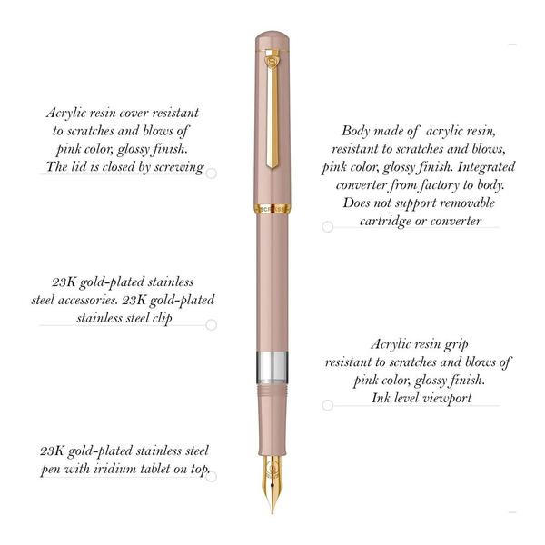 Accessories made of 23K gold-plated stainless steel.Cover made of acrylic resin resistant to scratches and black strokes, glossy finish. The lid closes by screwing. It does not support a cartridge or detachable converter. The window for viewing the ink level.Stainless steel pen plated with 23K gold, with iridium pill on top.Ink feeds stably comes out evenly feels more smoothlyAlso for a Gift for Birthdays, anniversaries, Christmas, Halloween, Thanksgiving, Father’s Day and Weddings.It naturally combines functionality, robustness and reliability over time.