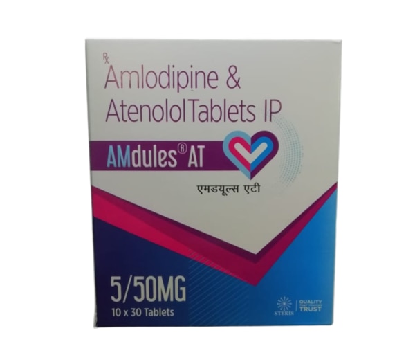 Amdules AT is a combination medication that combines Amlodipine, a calcium channel blocker, and Atenolol, a beta-blocker, to effectively manage high blood pressure (hypertension) and angina (chest pain). This synergistic formula helps control your blood pressure, improve heart function, and reduce the risk of complications related to cardiovascular health. Whether you're managing long-term hypertension or recovering from heart conditions, Amdules AT offers an effective and convenient treatment option to help you maintain a healthy heart and circulatory system.Key IngredientsAmlodipine (5 mg / 10 mg)Amlodipine is a calcium channel blocker that works by relaxing and widening the blood vessels, which helps to lower blood pressure and reduce the workload on the heart. It also helps in preventing angina by improving blood flow to the heart muscles.Atenolol (25 mg / 50 mg)Atenolol is a beta-blocker that works by blocking the effects of adrenaline on the heart. This reduces the heart rate and blood pressure, decreasing the heart's demand for oxygen, and making it easier for the heart to pump blood. Atenolol is particularly effective in treating high blood pressure and preventing heart attacks.Key BenefitsReduces High Blood Pressure: The combination of Amlodipine and Atenolol helps to lower high blood pressure, reducing the risk of heart disease, stroke, and kidney problems.Prevents Angina: This medication helps alleviate chest pain caused by reduced blood flow to the heart, improving overall heart function and reducing the frequency of angina episodes.Improves Heart Function: By controlling both blood pressure and heart rate, Amdules AT helps your heart work more efficiently, especially in conditions like hypertension and coronary artery disease.Reduces the Risk of Heart Attack: The medication helps reduce the risk of heart attack by controlling high blood pressure and reducing the strain on the heart.Convenient Dual Therapy: With both Amlodipine and Atenolol in one tablet, this product simplifies treatment, eliminating the need to take two separate medications.How Does It Work?Amlodipine works by blocking the entry of calcium into heart and blood vessel cells, which prevents the contraction of blood vessels and allows them to dilate. This leads to a decrease in blood pressure and a reduction in the heart's workload. Amlodipine also helps improve blood flow to the heart, alleviating symptoms of angina.Atenolol, on the other hand, works by blocking the beta-receptors in the heart, which decreases the heart rate and the force of the heart’s contractions. This leads to lower blood pressure and reduced oxygen demand for the heart, helping to prevent complications related to hypertension and heart disease.Together, these two ingredients work synergistically to reduce blood pressure, prevent chest pain, and improve overall heart health.Directions for UseDosage: The dosage of Amdules AT will be determined by your healthcare provider based on your individual needs and condition.Administration: Take the tablet as prescribed, usually once a day, with or without food. Swallow the tablet whole with a glass of water. Do not chew or crush the tablet.Consistency: It is important to take the medication regularly at the same time each day to maintain its effectiveness.Missed Dose: If you miss a dose, take it as soon as you remember. If it is nearly time for your next dose, skip the missed dose—do not take two doses at once to make up for the missed dose.Side EffectsWhile Amdules AT is generally well-tolerated, some people may experience side effects. Common side effects include:Dizziness or light-headedness (especially when standing up quickly)Fatigue or tirednessSwelling of the ankles or feet (due to Amlodipine)Slow heart rate or bradycardia (due to Atenolol)Cold hands or feetShortness of breath or difficulty breathingNausea or stomach discomfortIn rare cases, more serious side effects can occur, such as:Severe allergic reactions (rash, itching, swelling)Chest pain or irregular heartbeatsSevere dizziness or faintingIf you experience any of these symptoms, contact your healthcare provider immediately.Precautions and WarningsAllergy: If you are allergic to Amlodipine, Atenolol, or any of the ingredients in this medication, do not use it.Heart Conditions: Use with caution in individuals with heart block, bradycardia, or heart failure.Kidney or Liver Disease: Inform your doctor if you have kidney or liver problems, as dosage adjustments may be necessary.Pregnancy and Breastfeeding: Consult your doctor if you are pregnant, planning to become pregnant, or breastfeeding.Drug Interactions: Inform your doctor of any other medications you are taking, including over-the-counter drugs and herbal supplements, as Amdules AT can interact with certain drugs, such as other blood pressure medications, diuretics, and medications affecting the heart.