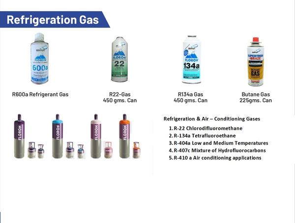 We are engaged in supplying accurate composition refrigerant gases that are non toxic and are procured from SRF LTD. brand FLORON. These gases are environment friendly and pure and are used for cooling purposes. We offer these gases in properly manufactured cylinders & tanks that are leakage free and can easily be transported. The different types of refrigerant gases offered by us: