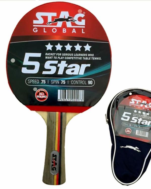 Description -SizeBeginner-Intermediate SeriesBrandSTAG GLOBALGrip Size3 1/4 inchesSportTable TennisMaterialWoodITTF (International Table Tennis Federation) approved rubber.Specifications: Rating : Speed - 75, Spin - 75, Control - 90 | Color : Multi- Color | Bat Weight : 148 grams | Rubber Type : Hard | Sponge Thickness : 2 mm | Bat Dimension : Height - 26 in | Beam Width - 22.5 mm | Head Shape - Oval Shape | Handle Shape - Flared | Playing level - BeginnerIdeal for Junior and Senior Level Games.Offers moderate speed, spin and control.In-Box Contents : 1 Nos Stag Global 5 Star Table Tennis Rackets