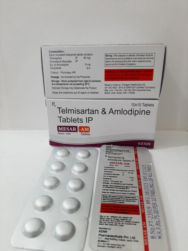 Mesar-Am Tablet is a medicine that is used for the treatment of High Blood Pressure, Heart Attack, Heart Failure, Kidney Failure In Patients With Diabetes, Hypertension, Severe Pain In Chest and other conditions.Mesar-Am Tablet contains Amlodipine, and Telmisartan as active ingredients.Mesar-Am Tablet works by blocking the action of a substance responsible for narrowing the blood vessels; relaxing the muscle cells thus reducing blood pressure, force and rate of heartbeat;Detailed information related to Mesar-Am Tablet’s uses, composition, dosage, side effects and reviews is listed below.Mesar-Am Tablet UsesMesar-Am Tablet is used for the treatment, control, prevention, & improvement of the following diseases, conditions and symptoms:· High Blood Pressure· Heart Attack· Heart Failure· Kidney Failure In Patients With Diabetes· Hypertension· Severe Pain In ChestMesar-Am Tablet Working, Mechanism of Action and PharmacologyMesar-Am Tablet improves the patient’s condition by performing the following functions:· Blocking the action of a substance responsible for narrowing the blood vessels.· Relaxing the muscle cells thus reducing blood pressure, force and rate of heartbeat.Mesar-Am Tablet – Composition and Active IngredientsMesar-Am Tablet is composed of the following active ingredients (salts)· Telmisartan (40MG)· Amlodipine (5MG)Please note that this medicine may be available in various strengths for each active ingredient listed above.Mesar-Am Tablet – Side-effectsThe following is a list of possible side effects that may occur from all constituting ingredients of Mesar-Am Tablet. This is not a comprehensive list. These side effects are possible, but do not always occur. Some of the side effects may be rare but serious. Consult your doctor if you observe any of the following side effects, especially if they do not go away.· Cough· Hypersensitivity· Low Blood Pressure· Rapid Swelling Of Face Or Lips· Vomiting· Bloating