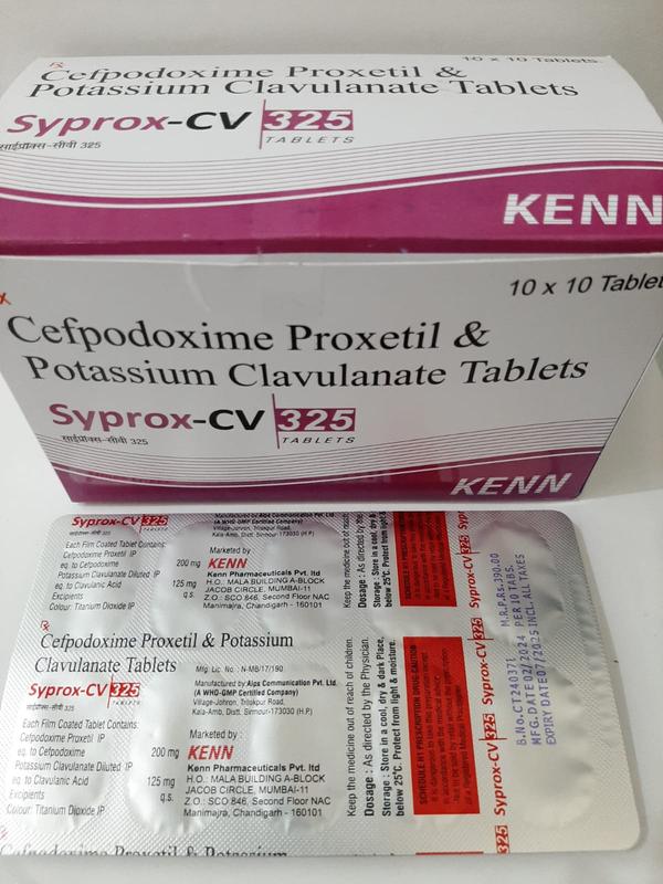 Syprox Cv 325mg Tablets DescriptionSyprox Cv 325mg Tab is an antibiotic that is used to treat infection of the urinary tract, lungs, airways, sinus, throat and windpipe. It is a combination medicine containing cefpodoxime and clavulanic acid as its active ingredients. It acts by the combined action of its two components. Cefpodoxime inhibits the growth of bacteria by interfering with the cell wall and clavulanic acid helps in maintaining the optimal levels of Cefpodoxime. It should be taken as directed by the doctor and in doses and duration as prescribed. Complete the course of antibiotics and do not miss any dose or stop taking this medicine on your own. Before using Syprox Cv 325mg Tab , inform the doctor if you are pregnant, planning a pregnancy or are breastfeeding and about your detailed medical history.