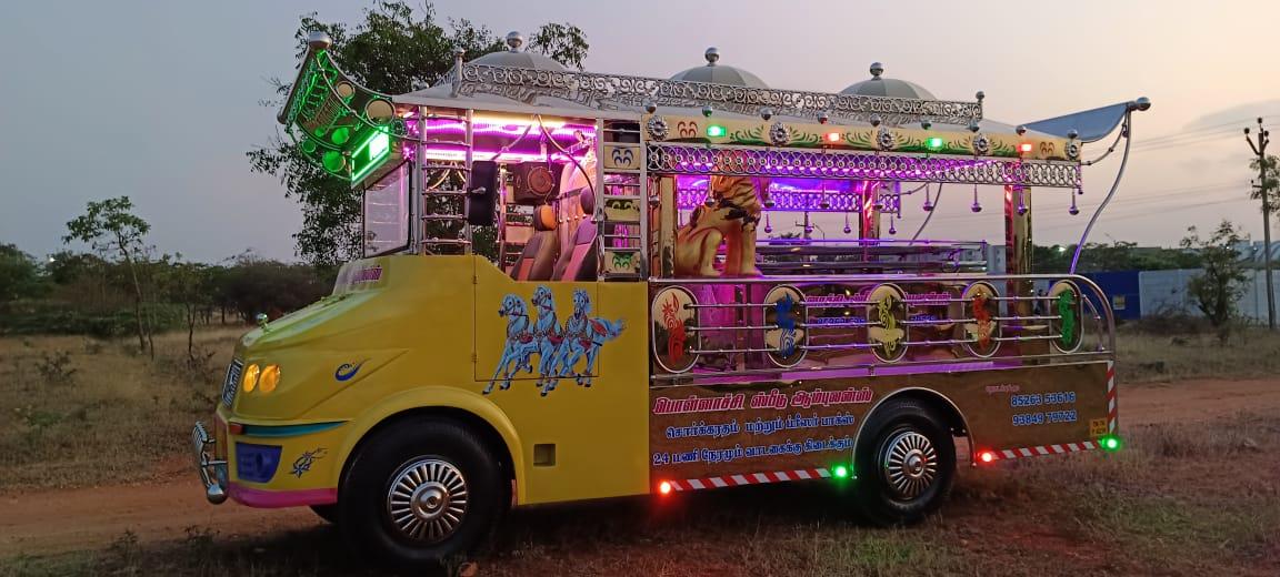 Sorgaratham Sorgaratham Sorgaratham This Sorgaratham is our another one of the Model . This Sorgaratham fabricated fully in Stainless Sheet & Stainless Steel pipes Mixing.This Sorgaratham model top design Single Umbrella Design Model. Platform we use aluminium Checked sheets. We delivered the Sorgaratham with audio set, Multi Color LED Lights, Painting & Stickering.(As per choice)