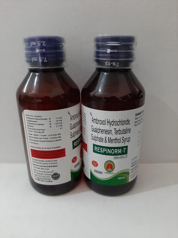 What is RESPINORM-T?RESPINORM-T Syrup is a medicine that is used for the treatment of Respiratory Diseases, Cough, Congestion, Common Cold, Bronchitis, Breathing Illnesses and other conditions.RESPINORM-T Syrup contains Ambroxol Hydrochloride, Guaiphenesin, Menthol, and Terbutaline Sulphate as active ingredients.RESPINORM-T Syrup works by thinning the chest mucus; thinning the mucus in the air passages; relaxing and opening the airways; temporarily relieving minor pain;Detailed information related to RESPINORM-T Syrup’s uses, composition, dosage, side effects and reviews is listed below.RESPINORM-T Syrup UsesRESPINORM-T Syrup is used for the treatment, control, prevention, & improvement of the following diseases, conditions and symptoms:· Respiratory Diseases· Cough· Congestion· Common Cold· Bronchitis· Breathing Illnesses· Reversible Airway Obstructive Diseases· Uncomplicated Premature Labor· Pain In Arthritis· Pain In Shoulder Joint· Pain In Tendons· Pain In Muscle Strains Or Sprains· Back Pain· BruisingRESPINORM-T Syrup Working, Mechanism of Action and PharmacologyRESPINORM-T Syrup improves the patient’s condition by performing the following functions:· Thinning the chest mucus.· Thinning the mucus in the air passages.· Relaxing and opening the airways.· Temporarily relieving minor pain.RESPINORM-T Syrup – Composition and Active IngredientsRESPINORM-T Syrup is composed of the following active ingredients (salts)· Ambroxol Hydrochloride (15 MG)· Guaiphenesin (50 MG)· Terbutaline Sulphate (1.25 MG)· Menthol (1 MG)Please note that this medicine may be available in various strengths for each active ingredient listed above.RESPINORM-T Syrup – Side-effectsThe following is a list of possible side-effects that may occur from all constituting ingredients of RESPINORM-T Syrup. This is not a comprehensive list. These side-effects are possible, but do not always occur. Some of the side-effects may be rare but serious. Consult your doctor if you observe any of the following side-effects, especially if they do not go away.