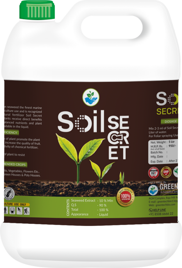 SOIL SECRET is a Liquid form of Compost. It contains more nutrients, nitrogen, phosphorus, potassium, vitamins, and minerals which is necessary for short term crops. It helps to in take nutrients faster.BenefitsSOIL SECRET HELPS TO INCREASE THE COUNT OF EARTH WORMS IN THE SOIL.It promotes microbial growth in the soil.It removes the barrenness of the soil and makes it fertile.It increases the yield and fights against diseases caused in the crops.Usage quantityUse 10 litres per acre along with irrigation water in the interval of 10 days.
