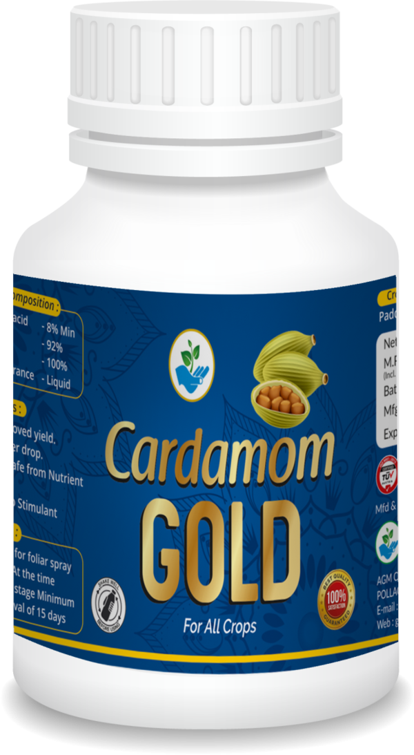 Our cardamom gold is specially made for cardamom crops. It is the combination of humic, fulvic, amino acids, vitamins, minerals, micronutrients.UsesIt helps to increase the growth in plants.It enhances the quality of the crop along with providing better yield.It helps to maintain soil moisture in the crop.It ensures to increase the size of cardamom.Usage quantityMix 1.5ml for one litre water.