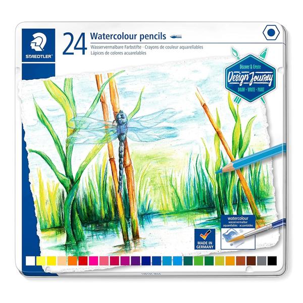 Colour pencil in classic hexagonal shape with watercolour lead, matt lacquer, dipped endSoft lead for amazing bright effects on watercolor paper with water and paintbrushAlso suitable for dry coloring24 watercolor pencils comes in metal box packingMade in Germany