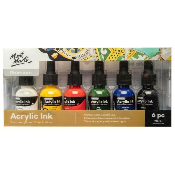 The Mont Marte Acrylic Inks Set is great for comic book art, cards, scrapbooking and mixed media.Mix the essential colours for a bigger palettePipette bottle for precise, mess-free applicationAchieve fine detail and layering washes of colourUse in an airbrush, pouring art or in pen and ink drawingCompatible with pouring medium, acrylic paints and resinSet of 6 Vibrant Acrylic Inks:White, Cadmium Yellow, Scarlet, Sap Green, Phthalo Blue and Black.
