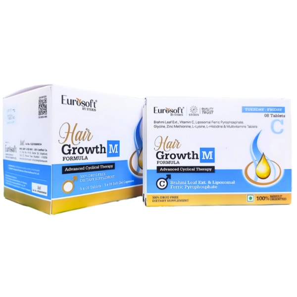 HAIR GROWTH M FORMULA is a specially crafted dietary supplement designed to support and promote healthy hair growth. This potent blend of natural and scientifically-backed ingredients provides essential nutrients that nourish your hair follicles, strengthen hair strands, and address common concerns such as thinning hair, hair loss, and scalp health. Whether you're dealing with age-related hair thinning or hair loss due to environmental factors, HAIR GROWTH M FORMULA offers a holistic approach to hair care. Key Benefits: Promotes Healthy Hair Growth: The combination of essential vitamins, amino acids, and minerals supports the natural hair growth process.Strengthens Hair Follicles: Ingredients like Brahmi Leaf Extract and Zinc Methionine help nourish and fortify the hair follicles, reducing hair fall.Improves Scalp Health: With Brahmi Leaf Extract and L-Histidine, this formula promotes a healthy, balanced scalp environment, crucial for hair growth.Prevents Hair Breakage: Glycine and L-Lysine help strengthen individual hair strands, reducing the likelihood of breakage and split ends.Supports Hair Thickness and Volume: Regular use of HAIR GROWTH M FORMULA enhances hair thickness and volume, leading to fuller, healthier-looking hair.Nourishes from Within: A comprehensive blend of nutrients nourishes hair follicles from the inside out, providing deep nourishment for long-lasting hair health. How Does It Work? HAIR GROWTH M FORMULA works by providing your body with the necessary nutrients that support healthy hair growth. The blend of amino acids, vitamins, and minerals works synergistically to nourish hair follicles, strengthen hair strands, and improve overall scalp health. Here's how the ingredients work together:Vitamin C and Liposomal Ferric Pyrophosphate ensure that the hair follicles receive adequate oxygen and nutrients by improving blood circulation and iron absorption.Brahmi Leaf Extract calms inflammation and promotes healthy scalp circulation, creating an environment that is conducive to hair growth.Zinc Methionine and L-Lysine help regulate hair growth cycles and promote the synthesis of proteins essential for hair strength.Glycine and L-Histidine work at a cellular level to stimulate hair regeneration, prevent damage, and improve the overall health of your hair. Directions for Use: Take 1 to 2 tablets of HAIR GROWTH M FORMULA daily, preferably with a meal or as directed by a healthcare professional. Consistency is key to seeing noticeable results. For optimal results, it is recommended to continue using this supplement for at least 2 to 3 months. Side Effects: HAIR GROWTH M FORMULA is generally well-tolerated. However, some individuals may experience mild side effects, including:Upset stomach or nausea (if taken on an empty stomach)Allergic reactions (in rare cases, especially if you are sensitive to any of the ingredients)If you experience any persistent discomfort or signs of an allergic reaction, discontinue use immediately and consult a healthcare provider.
