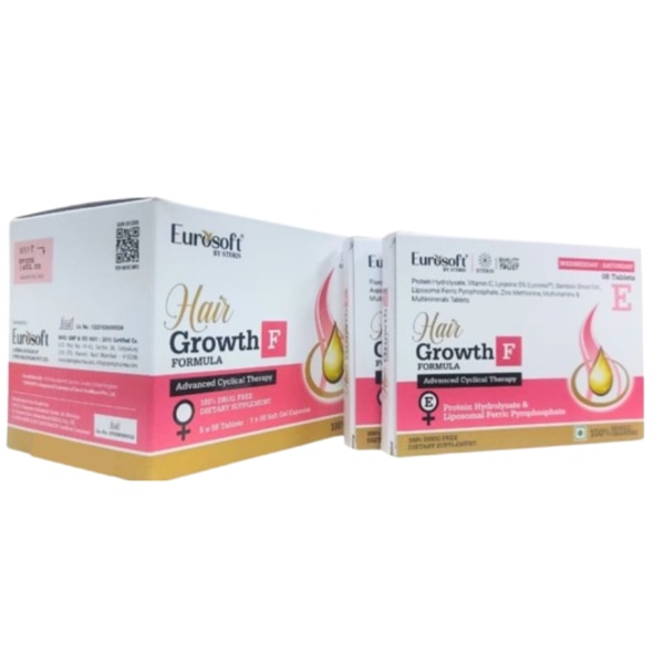 Hair Growth F Formula is a potent and scientifically formulated dietary supplement designed to support healthy hair growth and prevent hair loss. This unique blend of natural ingredients, combined with essential vitamins and minerals, works synergistically to nourish the scalp, strengthen hair follicles, and promote thicker, fuller hair. Ideal for individuals experiencing thinning hair, weak strands, or hair loss, this supplement helps restore the natural balance for healthier and more vibrant hair. Key Benefits: Promotes Healthy Hair Growth: The blend of natural ingredients stimulates hair follicles, enhancing hair growth and overall hair density.Prevents Hair Loss: Regular use of Hair Growth F Formula helps reduce the risk of hair thinning and loss by improving scalp health and nourishing hair follicles.Improves Scalp Health: Ingredients like flaxseed oil and sea buckthorn extract nourish the scalp, reducing dryness and inflammation, which can contribute to hair loss.Strengthens and Revitalizes Hair: The rich nutrient profile strengthens hair from the root, making it more resistant to damage, breakage, and thinning.Balances Hormonal Levels: Soy isoflavones and asparagus racemosus extract help maintain hormonal balance, particularly for those experiencing hair loss due to hormonal fluctuations.Boosts Nutrient Absorption: The liposomal ferric pyrophosphate enhances the absorption of iron, crucial for hair health, addressing iron deficiency-related hair thinning. How Does It Work? Hair Growth F Formula works at the root level to address various causes of hair thinning and loss. The synergistic blend of ingredients nourishes the scalp, providing essential vitamins, minerals, and fatty acids required for healthy hair follicles. Flaxseed oil and sea buckthorn extract hydrate the scalp, reducing dryness and irritation, while pumpkin seed extract and soy isoflavones help support hormonal balance, preventing hair thinning. Asparagus racemosus extract and the liposomal ferric pyrophosphate provide adaptogenic and iron-boosting benefits, further encouraging healthy hair growth. Together, these ingredients nourish the scalp, strengthen the hair, and promote the growth of fuller, thicker strands. Directions for Use: Take 1 tablet of Hair Growth F Formula once a day with a meal, or as directed by a healthcare professional.For best results, use consistently for at least 3 to 6 months.Ensure adequate hydration and maintain a healthy diet to support the effectiveness of the formula. Side Effects: Hair Growth F Formula is generally well-tolerated when taken as directed. However, as with any supplement, some individuals may experience mild digestive discomfort or allergic reactions to certain ingredients. If you experience any unusual symptoms such as nausea, skin rashes, or abdominal discomfort, discontinue use and consult a healthcare provider.