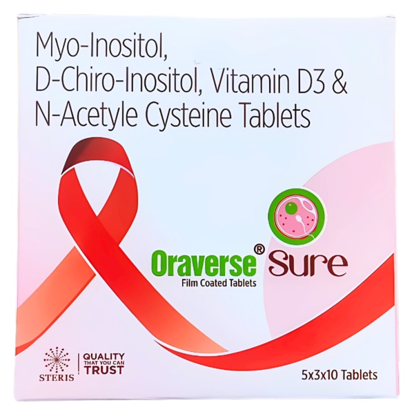 ORAVERSE SURE is a premium dietary supplement designed to support reproductive health, improve metabolic function, and boost overall wellness. Packed with powerful ingredients like Myo-Inositol, D-Chiro-Inositol, Vitamin D3, and N-Acetyl Cysteine, ORAVERSE SURE is formulated to provide optimal benefits for those seeking to maintain hormonal balance, enhance insulin sensitivity, and improve fertility. This synergistic combination of nutrients works together to improve your overall health and well-being, especially for women dealing with hormonal imbalances, polycystic ovary syndrome (PCOS), and metabolic concerns. Key Benefits: Hormonal Balance: The combination of Myo-Inositol and D-Chiro-Inositol promotes hormonal balance and helps regulate the menstrual cycle, which can be especially beneficial for women with PCOS.Improved Insulin Sensitivity: This supplement aids in improving insulin resistance, a common concern in those with metabolic syndrome or PCOS, helping to prevent long-term complications.Enhanced Fertility: The ingredients in ORAVERSE SURE support ovulation and improve egg quality, increasing the chances of conception.Antioxidant Support: NAC provides strong antioxidant protection, supporting detoxification and overall cellular health.Vitamin D3 Support: Vital for overall well-being, Vitamin D3 supports immune health and assists in maintaining bone and reproductive health. How Does It Work? ORAVERSE SURE works by combining key ingredients that address both hormonal and metabolic imbalances. Myo-Inositol and D-Chiro-Inositol work together to improve insulin sensitivity, regulate ovarian function, and enhance egg quality. Vitamin D3 boosts overall health and supports the immune system while promoting fertility. N-Acetyl Cysteine serves as a powerful antioxidant, improving liver health and encouraging reproductive health in women with hormonal imbalances.The synergistic effects of these ingredients help in restoring a healthy balance of hormones, improving fertility, and managing the symptoms associated with conditions like PCOS, insulin resistance, and irregular menstrual cycles. Directions for Use: Take 1 tablet of ORAVERSE SURE once or twice daily or as directed by your healthcare provider.It is recommended to take it with meals for optimal absorption.Consistency is key to seeing the best results, so make sure to incorporate it into your daily routine. Side Effects: ORAVERSE SURE is generally well-tolerated. However, some individuals may experience mild digestive discomfort, such as bloating, gas, or nausea, especially when first starting the supplement. If you experience any adverse effects or allergic reactions, discontinue use and consult a healthcare professional.If you are pregnant, nursing, or have a pre-existing medical condition, consult your doctor before using this product. As with any supplement, it’s important to follow the recommended dosage and not exceed the daily intake.