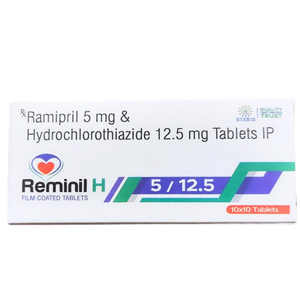 REMINIL H 5 / 12.5 is a combination medication designed to help manage high blood pressure (hypertension) and reduce the risk of heart-related issues. It contains Ramipril (5mg), an angiotensin-converting enzyme (ACE) inhibitor, and Hydrochlorothiazide (12.5mg), a thiazide diuretic. This powerful dual-action formula works effectively to lower blood pressure and reduce fluid buildup in the body, ensuring improved cardiovascular health. Key Benefits: Effective Hypertension Control: A combination of Ramipril and Hydrochlorothiazide provides a comprehensive approach to managing high blood pressure.Reduces Fluid Retention: Hydrochlorothiazide helps eliminate excess fluid from the body, reducing swelling and improving heart function.Protects Heart Health: By managing blood pressure, REMINIL H 5 / 12.5 can reduce the risk of heart attack, stroke, and other heart-related complications.Dual-Action Formula: The combination of an ACE inhibitor and a diuretic offers a more potent approach to treating hypertension compared to monotherapy. How Does It Work? Ramipril: This ACE inhibitor works by blocking the enzyme responsible for narrowing blood vessels. As a result, blood vessels relax and widen, improving blood flow and lowering blood pressure.Hydrochlorothiazide: This diuretic helps the kidneys remove excess sodium and water from the body. By reducing fluid buildup, it helps lower blood pressure and alleviates swelling in tissues and organs. Directions for Use: Dosage: The recommended dosage of REMINIL H 5 / 12.5 is usually one tablet daily, or as prescribed by your healthcare provider.Administration: Take the tablet with a full glass of water, preferably at the same time each day, with or without food.Consistency: For best results, take the medication regularly as prescribed by your doctor, and do not stop the treatment without consulting your healthcare provider. Side Effects: Like all medications, REMINIL H 5 / 12.5 may cause some side effects. While not everyone experiences them, some possible side effects include:Common side effects: Dizziness, fatigue, headache, or a dry cough (due to Ramipril).Serious side effects: Low blood pressure, high potassium levels, kidney problems, or allergic reactions such as swelling of the face, lips, tongue, or throat.Other effects: Increased urination or dehydration due to Hydrochlorothiazide.If you experience any unusual symptoms or allergic reactions, contact your doctor immediately.Always consult your healthcare provider before using this medication to ensure it is safe for your specific condition.
