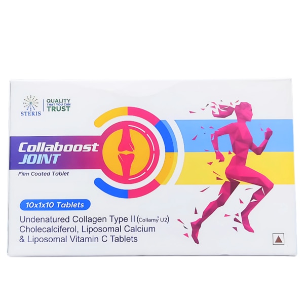 COLLABOOST JOINT is a scientifically formulated dietary supplement designed to provide comprehensive support for joint health. This powerful blend of essential nutrients helps to maintain joint flexibility, reduce discomfort, and promote overall joint function. With its unique combination of Calcium Carbonate, Undenatured Collagen Type II (Collamy U2), Magnesium Oxide, Vitamin C, Zinc Oxide, and Cholecalciferol, COLLABOOST JOINT is the perfect choice for individuals seeking to support their joint health and mobility, especially those with aging joints or those suffering from joint-related issues.Whether you're dealing with joint stiffness, inflammation, or simply looking to maintain healthy cartilage and bone strength, COLLABOOST JOINT provides the targeted nutrients your body needs. Key Benefits: Promotes Joint Health: The combination of Calcium Carbonate, Undenatured Collagen Type II, and other vital nutrients supports the structural integrity of joints and cartilage, helping to maintain joint health.Improves Joint Mobility: The unique blend of ingredients helps to reduce stiffness and inflammation, improving joint flexibility and range of motion.Strengthens Bones: The high levels of Calcium Carbonate and Vitamin D3 contribute to stronger bones, which are essential for overall joint health.Reduces Inflammation: Ingredients like Undenatured Collagen and Magnesium work together to reduce inflammation, helping to alleviate joint discomfort.Supports Cartilage Regeneration: Undenatured Collagen Type II (Collamy U2) is known for its ability to regenerate cartilage, promoting long-term joint health.Enhanced Recovery: The combination of Zinc and Vitamin C aids in tissue repair and supports the recovery of joints after physical activity or injury. How Does It Work? COLLABOOST JOINT works by providing a unique combination of ingredients that target different aspects of joint health. Calcium Carbonate and Magnesium Oxide strengthen the bones, while Vitamin D3 helps ensure the proper absorption of calcium. Undenatured Collagen Type II directly supports cartilage regeneration and enhances joint mobility. Vitamin C helps to stimulate collagen production, which is vital for maintaining joint structure and function, and Zinc supports tissue repair and immune function.Together, these ingredients help reduce joint pain and inflammation, improve flexibility, and prevent the degradation of joint tissue, leading to improved overall joint health. Directions for Use: Take 1 capsule of COLLABOOST JOINT daily with a meal, or as directed by your healthcare provider. For best results, it is recommended to use the product consistently for several weeks.It is important to drink plenty of water and maintain a healthy diet and exercise routine while using COLLABOOST JOINT for optimal benefits. Side Effects: COLLABOOST JOINT is generally well-tolerated when used as directed. However, some individuals may experience mild gastrointestinal discomfort, including nausea or upset stomach. If you experience any adverse reactions, discontinue use and consult with your healthcare provider.