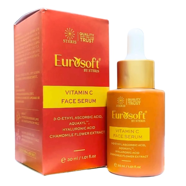 The EUROSOFT Vitamin C Face Serum is a cutting-edge skincare solution designed to enhance your skin’s radiance and overall health. Packed with powerful ingredients like Vitamin C, Chamomile Extract, and Licorice Root Extract, this serum works to brighten your complexion, reduce signs of aging, and improve skin texture. Its lightweight formula is perfect for daily use, leaving your skin hydrated, rejuvenated, and glowing with vitality. Key Benefits: Brightens Skin: The stable Vitamin C formula effectively reduces dullness and improves skin luminosity.Reduces Pigmentation: Licorice Root Extract lightens dark spots and uneven skin tone.Hydrates Intensely: Sodium Hyaluronate and sugar complexes lock in moisture for long-lasting hydration.Calms Irritated Skin: Chamomile Extract soothes redness and irritation, making it suitable for sensitive skin.Controls Oil Production: Zinc PCA helps regulate sebum and prevents acne formation.Anti-Aging Properties: Promotes collagen production to reduce fine lines and wrinkles. How Does It Work? The EUROSOFT Vitamin C Face Serum combines advanced active ingredients to provide a multi-faceted approach to skincare. The 3-O-Ethyl Ascorbic Acid penetrates deeply to brighten and rejuvenate skin from within. Complemented by natural extracts like Chamomile and Licorice Root, the serum soothes and heals, while Zinc PCA ensures a balanced, oil-free complexion. The synergistic effect of hydration from Sodium Hyaluronate and the sugar complex leaves your skin soft, supple, and glowing. Directions for Use: Cleanse: Start with a clean and dry face.Apply: Dispense 2-3 drops of the serum onto your palm.Spread: Gently massage the serum into your face and neck in upward circular motions.Follow Up: Use a moisturizer or sunscreen during the day to lock in hydration and protect against UV damage.For best results, use twice daily – morning and evening. Side Effects: Generally safe for all skin types.Potential Irritation: May cause slight redness or tingling for very sensitive skin. Perform a patch test before full application.Allergic Reaction: Discontinue use if any signs of an allergic reaction, such as severe irritation, occur.Elevate your skincare game with EUROSOFT Vitamin C Face Serum and unlock the secret to radiant, healthy, and youthful skin.