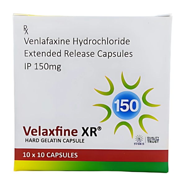 VELAXFINE XR 150 is a trusted pharmaceutical formulation containing Venlafaxine Hydrochloride Extended Release Capsules IP 150mg, designed to manage and alleviate symptoms of major depressive disorders, anxiety, and panic disorders. By maintaining a steady release of the active ingredient, this extended-release formulation provides long-lasting relief, promoting emotional stability and mental well-being throughout the day. Key Benefits: Effective Management of Depression: Helps reduce symptoms such as low mood, fatigue, and loss of interest in daily activities.Anxiety and Panic Relief: Alleviates anxiety and panic attacks, promoting calmness and emotional control.Improved Sleep Patterns: Supports better sleep quality by reducing symptoms of stress and overthinking.Long-Lasting Effect: The extended-release formula ensures steady medication levels for all-day relief.Enhanced Emotional Resilience: Boosts energy and concentration, helping patients regain control of their daily lives. How Does It Work? VELAXFINE XR 150 functions as a dual-action antidepressant, targeting both serotonin and norepinephrine neurotransmitters. By inhibiting their reuptake in the brain, the medication increases the availability of these mood-regulating chemicals, improving communication between nerve cells. This mechanism helps combat depressive and anxiety symptoms, fostering mental clarity and stability. Directions for Use: Dosage: Take one capsule daily or as prescribed by your healthcare provider.Timing: Preferably take the capsule at the same time each day to maintain consistent drug levels.Consumption: Swallow the capsule whole with water. Do not crush or chew, as this may affect the extended-release mechanism.Food: It can be taken with or without food, depending on your doctor's recommendation.Note: Always follow the prescribed dosage and consult your healthcare provider for adjustments based on your medical condition. Side Effects: While VELAXFINE XR 150 is generally well-tolerated, some individuals may experience:Common Side Effects: Nausea, dry mouth, dizziness, drowsiness, or sweating.Rare Side Effects: Increased heart rate, blurred vision, or difficulty sleeping.Severe Reactions: Mood changes, unusual bleeding, or allergic reactions (rash, itching, or swelling).If you experience persistent or severe side effects, seek medical attention promptly.