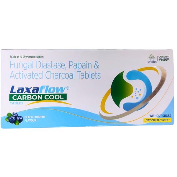 LAXAFLOW CARBON COOL is a unique blend of natural digestive enzymes and activated charcoal, formulated to provide relief from constipation, promote healthy digestion, and detoxify the body. With its potent ingredients, including Fungal Diastase, Papain, and Activated Charcoal, this supplement supports your gastrointestinal health by improving digestion, alleviating bloating, and promoting smooth bowel movements. It is designed for those seeking natural, effective relief from digestive discomfort. Key Benefits: Supports DigestionThe combination of Fungal Diastase and Papain aids in the efficient breakdown of food, preventing indigestion and improving nutrient absorption.Detoxifies the BodyActivated Charcoal effectively binds to toxins, chemicals, and gases in the gastrointestinal tract, helping to cleanse the digestive system and reduce bloating.Relieves ConstipationBy improving overall digestion and bowel movement regularity, LAXAFLOW CARBON COOL helps relieve constipation and promotes smoother, more regular stools.Reduces Bloating and GasThe activated charcoal helps absorb excess gas in the stomach, providing relief from bloating and discomfort associated with digestive issues.Promotes Gastrointestinal HealthThis natural formulation supports the overall health of the digestive system, encouraging balanced gut function and enhanced digestion. How Does It Work? LAXAFLOW CARBON COOL works through its three key ingredients that target different aspects of digestion and detoxification:Fungal Diastase helps break down carbohydrates, proteins, and fats, making it easier for the digestive system to process food and absorb nutrients effectively.Papain further aids in the digestion of proteins, reducing digestive discomfort, promoting enzyme function, and soothing the gastrointestinal tract.Activated Charcoal plays a crucial role in detoxifying the digestive system. By absorbing toxins, chemicals, and excess gas, it helps reduce bloating, discomfort, and irregular bowel movements, allowing for a smoother digestion process.This synergistic action helps promote healthy bowel movements, alleviate constipation, reduce bloating, and enhance the body’s natural detoxification processes. Directions for Use: Dosage: Take 1 to 2 tablets of LAXAFLOW CARBON COOL after meals or as recommended by your healthcare provider.Administration: Swallow the tablet(s) with a glass of water.Frequency: Can be taken 1-2 times a day, or as per medical advice, depending on your digestive health needs.Note: For optimal results, it is recommended to follow a balanced diet rich in fiber and drink plenty of water throughout the day to promote healthy digestion. Side Effects: LAXAFLOW CARBON COOL is generally considered safe for most individuals when taken as directed. However, some potential side effects may include:Mild gastrointestinal discomfort such as mild bloating or stomach cramps.Diarrhea (if taken in excess).Precautions:Not recommended for individuals with known allergies to any of the ingredients.Consult a healthcare professional before use if you are pregnant, nursing, or have a pre-existing medical condition.Do not exceed the recommended dosage.