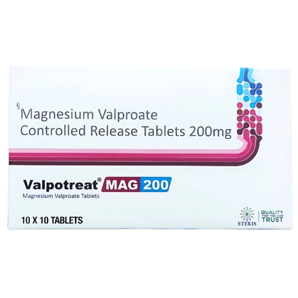 VALPOTREAT MAG 200 is a specially formulated medication containing Magnesium Valproate in a controlled-release tablet. It is widely prescribed to manage and control various neurological conditions such as epilepsy and bipolar disorder. Designed for effective absorption and consistent therapeutic effects, this medication helps stabilize mood and prevent seizures, improving the quality of life for those dealing with these conditions. Key Benefits: Seizure Control: Effective in preventing and managing various types of seizures, including absence seizures, generalized tonic-clonic seizures, and complex partial seizures.Mood Stabilization: Provides relief from mood swings and supports emotional balance in patients with bipolar disorder.Controlled Release: Ensures gradual absorption, reducing fluctuations in drug levels and minimizing side effects.Neurological Support: Enhances brain health and stabilizes nerve impulses, making it an essential treatment for epilepsy and related conditions.Better Tolerability: The addition of magnesium reduces gastrointestinal discomfort, often associated with other valproate formulations. How Does It Work? Magnesium Valproate works by increasing the availability of gamma-aminobutyric acid (GABA), a neurotransmitter in the brain that calms nerve activity. By stabilizing neuronal firing, it prevents excessive electrical discharges that lead to seizures. Additionally, it balances neurotransmitters involved in mood regulation, making it effective for managing bipolar disorder. The controlled-release formulation ensures consistent drug levels, offering prolonged symptom control while minimizing side effects. Directions for Use: Dosage: Take the dose as prescribed by your healthcare provider, usually once or twice daily.With Food: To minimize gastrointestinal irritation, take the tablet with or after meals.Swallow Whole: Do not crush or chew the tablet to preserve the controlled-release properties.Consistency: Take the medication at the same time each day for optimal effectiveness.Missed Dose: If a dose is missed, take it as soon as you remember. Skip the missed dose if it’s close to the next scheduled dose. Side Effects: While VALPOTREAT MAG 200 is generally well-tolerated, some individuals may experience mild to moderate side effects, including:Common Side Effects: Nausea, vomiting, dizziness, drowsiness, and abdominal discomfort.Rare Side Effects: Tremors, weight changes, hair loss, and temporary changes in liver enzyme levels.Severe Reactions: In rare cases, severe allergic reactions, unusual bleeding, or behavioral changes may occur. If these symptoms arise, seek immediate medical attention.