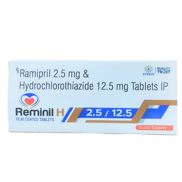 REMINIL H 2.5 / 12.5 is a combination medication formulated to manage high blood pressure effectively. It combines the benefits of Ramipril (2.5mg), an angiotensin-converting enzyme (ACE) inhibitor, and Hydrochlorothiazide (12.5mg), a thiazide diuretic. This dual-action formula works synergistically to lower blood pressure, reduce the risk of heart-related complications, and support overall cardiovascular health.This medication is ideal for individuals needing a comprehensive approach to hypertension management. Regular use of REMINIL H 2.5 / 12.5 can help prevent strokes, heart attacks, and kidney problems associated with uncontrolled blood pressure. Key Benefits Efficient Blood Pressure Control: The combination of Ramipril and Hydrochlorothiazide effectively lowers high blood pressure, reducing the risk of severe complications like strokes and heart attacks.Dual-Action Formula: Works by relaxing blood vessels and reducing excess fluid, ensuring comprehensive hypertension management.Heart Protection: Helps protect the heart by reducing the workload, improving blood flow, and minimizing the risk of heart failure.Kidney Support: Particularly beneficial for people with diabetes or early-stage kidney issues, as it helps to protect kidney function.Edema Reduction: Reduces fluid retention and swelling in the body, ensuring better overall health. How Does It Work? REMINIL H 2.5 / 12.5 combines two powerful mechanisms:Ramipril inhibits the enzyme responsible for narrowing blood vessels, leading to their relaxation and improved blood flow. This reduces the pressure in the arteries and makes it easier for the heart to pump blood.Hydrochlorothiazide increases urine output by removing excess salt and water from the body. This action reduces the volume of fluid in blood vessels, contributing to lower blood pressure.Together, these ingredients work synergistically to ensure effective blood pressure control and cardiovascular protection. Directions for Use Dosage: Take REMINIL H 2.5 / 12.5 as prescribed by your healthcare provider, usually once daily.Timing: Take the tablet at the same time every day, preferably in the morning to avoid frequent nighttime urination.With or Without Food: This medication can be taken with or without food, as per your convenience.Consistency: Follow your doctor’s instructions for optimal results. Do not skip doses or stop taking the medication without consulting your doctor. Side Effects While REMINIL H 2.5 / 12.5 is generally well-tolerated, some individuals may experience mild side effects, including:Dizziness or lightheadedness, especially when standing up quickly.Increased frequency of urination (due to the diuretic effect).Fatigue or weakness.Dry cough (a common side effect of Ramipril).Nausea or upset stomach.Electrolyte imbalances (low potassium or sodium levels).If you experience severe side effects such as persistent coughing, swelling, difficulty breathing, or allergic reactions, seek immediate medical attention.
