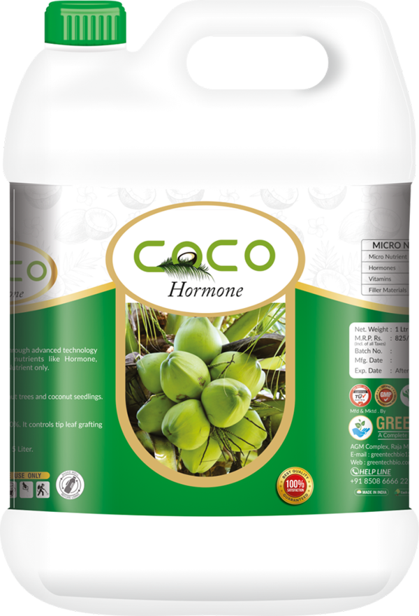 Coco Hormones is specially made for coconut trees. It is a combination of nutrients like hormones, Vitamins, Minerals , Micro Nutrients.Benefits of coco HormoneIt helps control leaf grafting and rupture problems.It is used to increase the weight of coconut pod.It also works has a remedy for leaf browning, yellowing.It prevents coconut from blight diseases.Usage Quantity :For coconut tree use 50ml of Coco Hormone (per Tree)