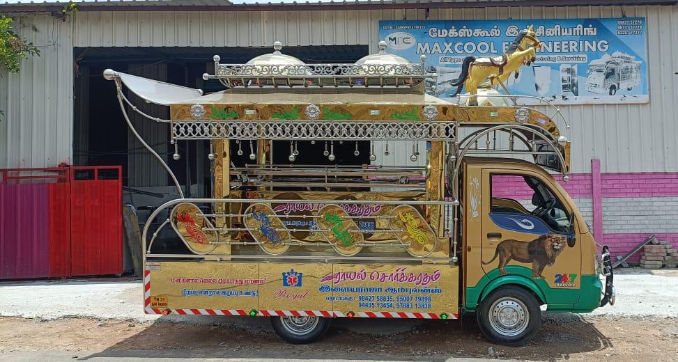 Sorgaratham Sorgaratham Sorgaratham This Sorgaratham is our another one of the Model . This Sorgaratham fabricated fully in Gold Stainless Sheet & Stainless Steel pipes Mixing.This Sorgaratham model top design Single Umbrella Design Model. Platform we use aluminium Checked sheets. We delivered the Sorgaratham with audio set, Multi Color LED Lights, Painting & Stickering.(As per choice)