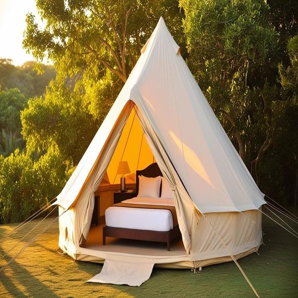 Spacious, Luxurious Swiss Cottage Tents from leading jungle safari tent manufacturers Swiss Cottage Tents available with us includes one Main Room, Attached Washroom or Dressing room, added with Open/Close verandah. Sai Tents have the most lavish collection of Square, Rectangle and round ended double fly Swiss Cottage tents provided at very superb prices. Each item available with us is placed over Steel frame or Bamboo Poles. According to the major customer’s requirements, customized sizes and colors, cottages and tents are made available to the user added in a suitable combination and quality to give it an extravagant look.The fabric used by us for manufacturing this luxury Resort tents are the best giving you protection from all adversities of weather and atmospheric changes. Each Swiss cottage available with us is designed in the way so that you can closely feel the nature and relax under the canvas painted just for you to make you feel rejuvenate. If you are a resort owner, you can add our luxury cottages into your list and give a variety of accommodation to your visitors. Our beautiful products will bring your Resort name or Farm House on a popular platform.The ethical and traditional workmanship followed by us is just next to excellence. With extraordinary quality and competitive pricing, the tents manufactured by us are simply the best and do not compromises on customer’s requirements.